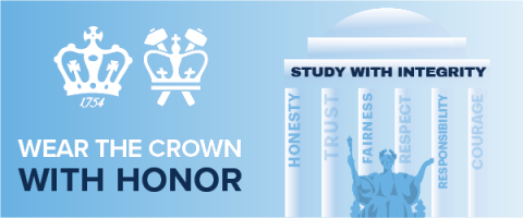 Graphic with CC and SEAS crowns that says "Wear the Crown With Honor" and includes "Study with Integrity" depicted as a roof held up by columns that read: "Honesty," "Trust," "Fairness," "Respect," "Responsibility," "Courage"