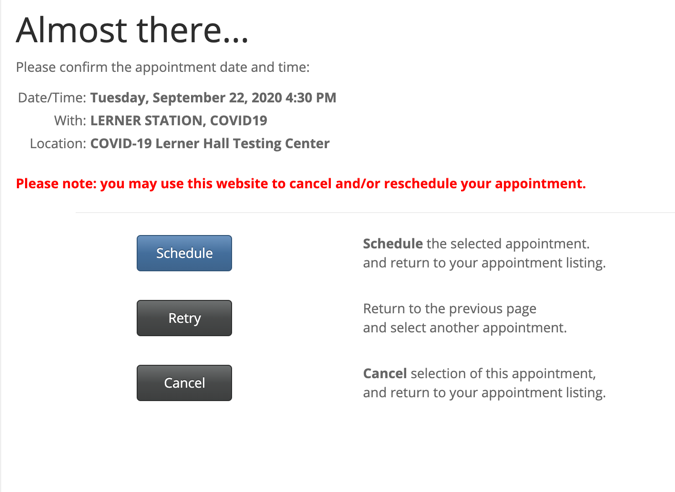 On the final screen, click “Schedule” to confirm your appointment.
